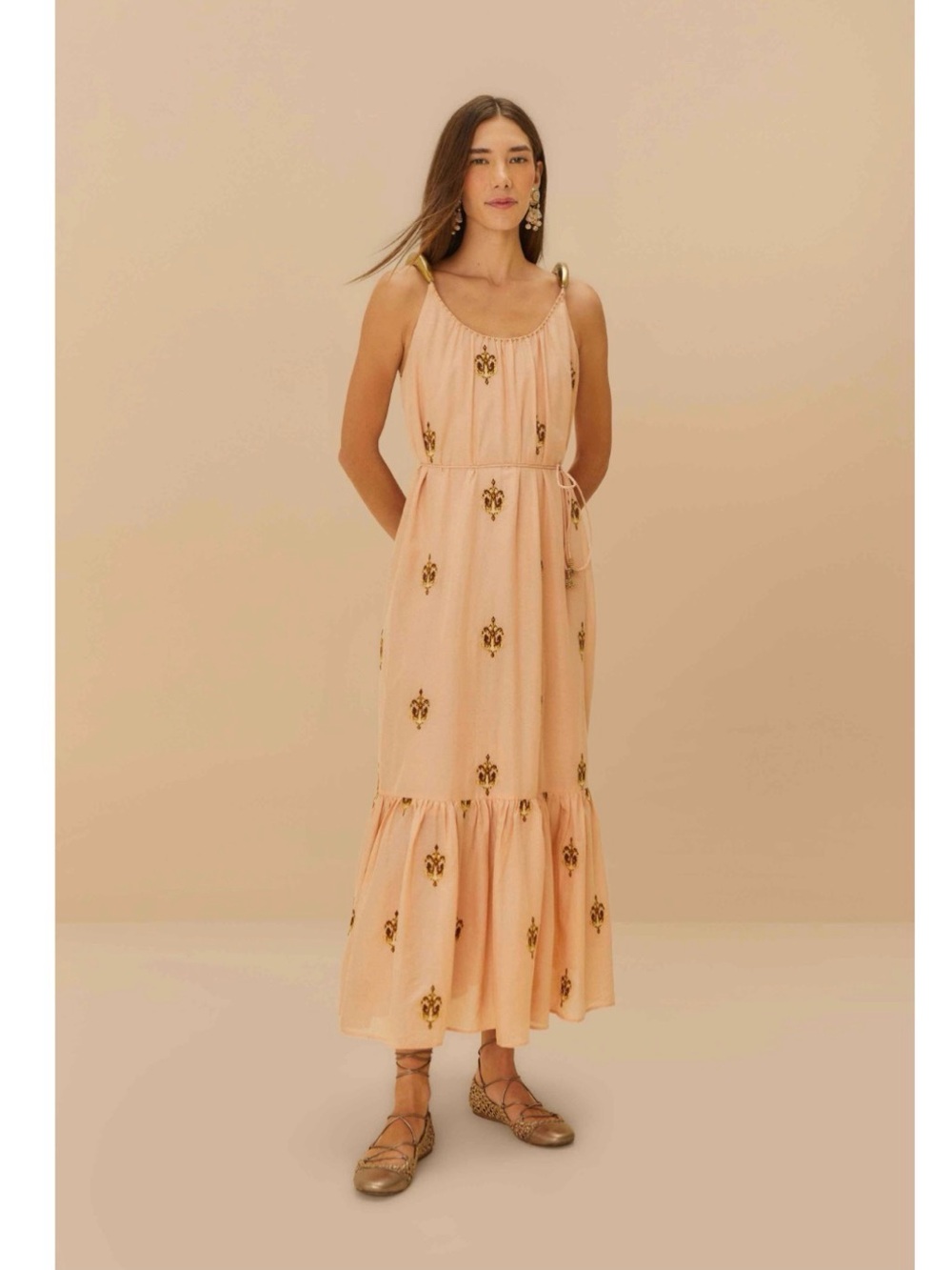 FARM Rio Peach Maxi Dress with Gold Motifs